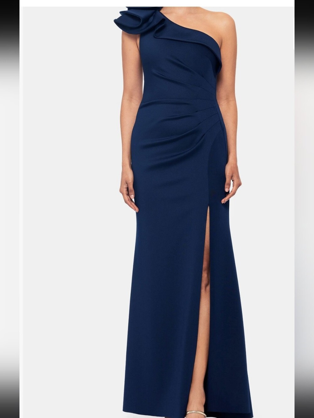 Xscape NWT Size 14 Navy One Shoulder Rosette Ruched Maxi Gown $259